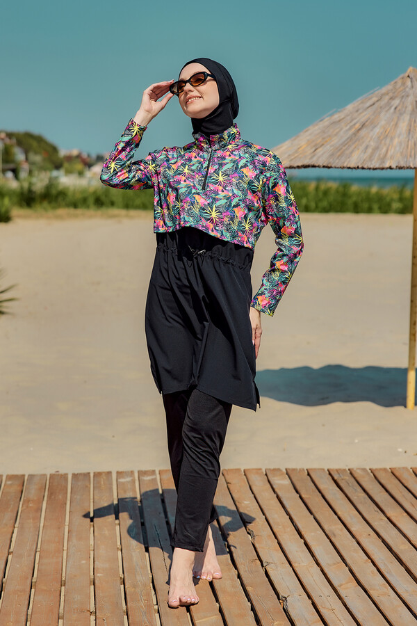 Full-Cover Modest Swimwear Set Black Patterned Remsa Mayo - Thumbnail