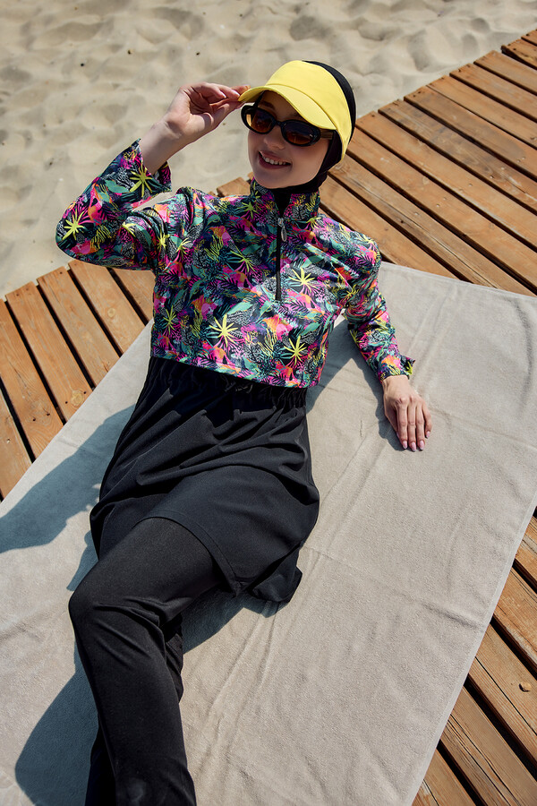 Full-Cover Modest Swimwear Set Black Patterned Remsa Mayo - Thumbnail