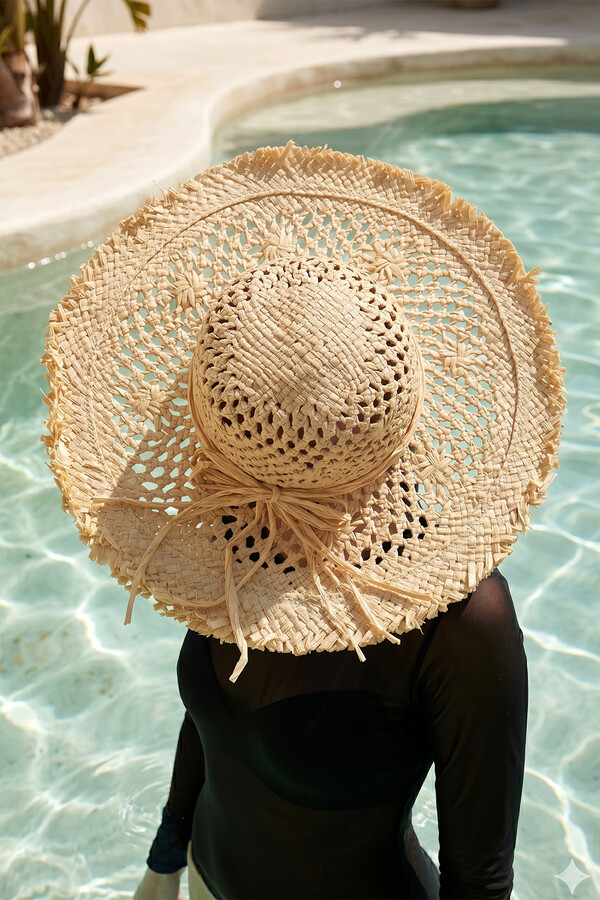Fringe Detail Wide Straw Hat - Thumbnail