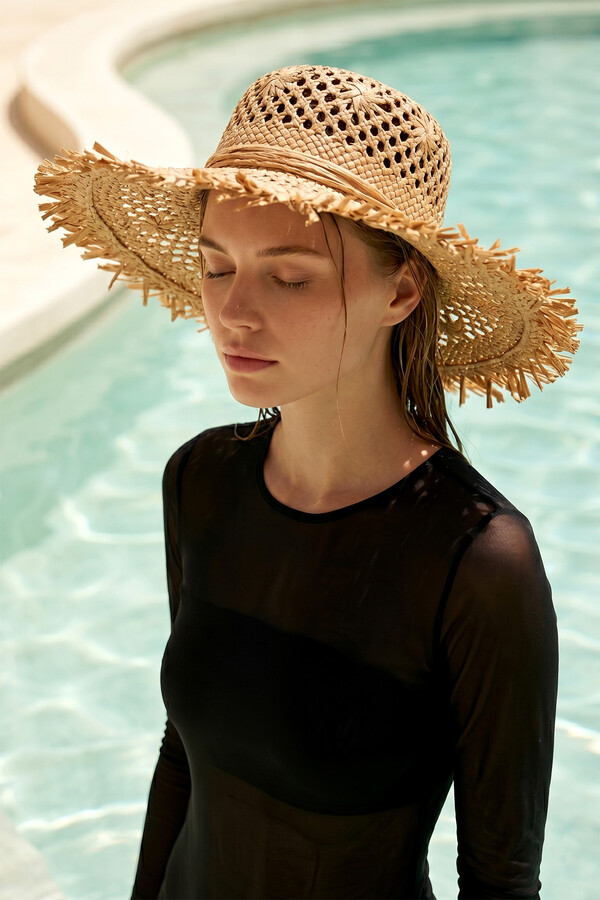 Fringe Detail Wide Straw Hat Camel - Thumbnail