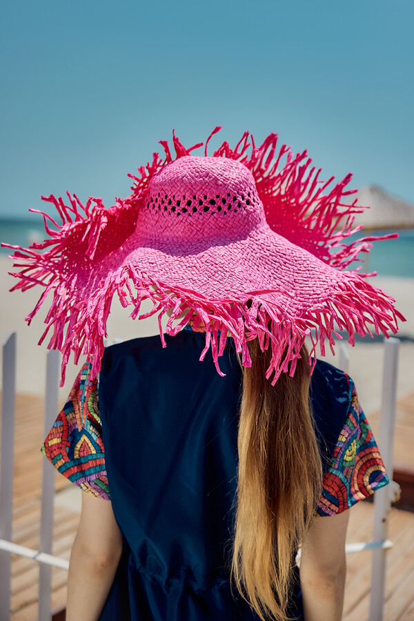 Fringe Detailed Straw Beach Hat - Thumbnail