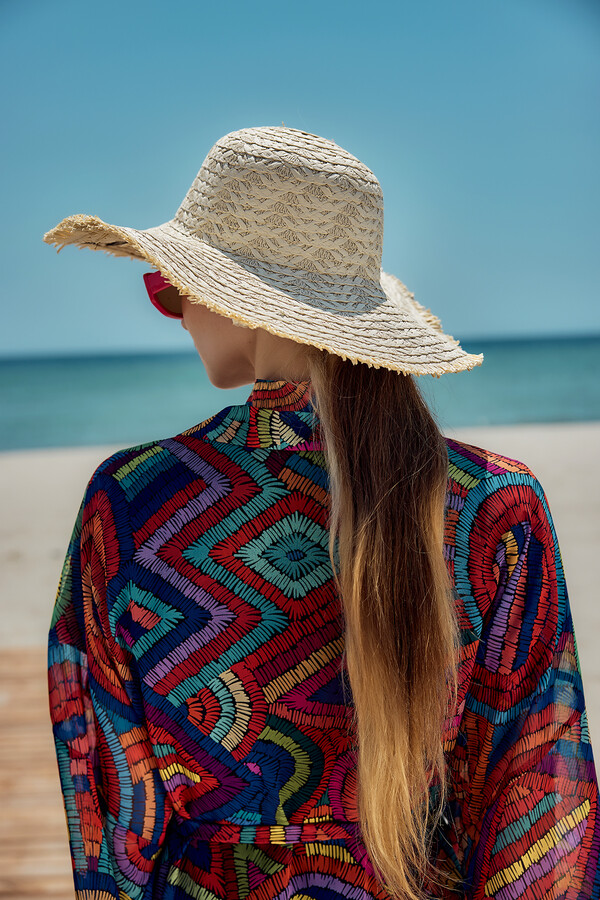 Fringe Detailed Straw Hat with Embroidery Accessory - Thumbnail