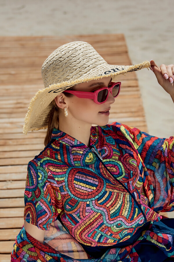 Fringe Detailed Straw Hat with Embroidery Accessory - Thumbnail
