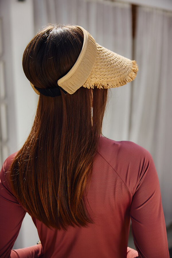 Fringe Detailed Visor Straw Hat Sun Protection Accessory - Thumbnail