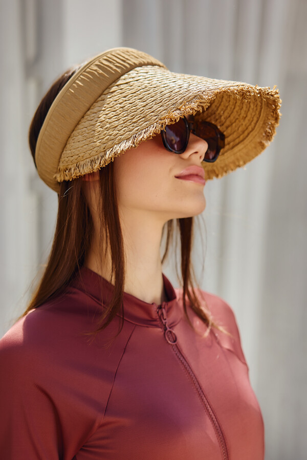 Fringe Detailed Visor Straw Hat Sun Protection Accessory - Thumbnail