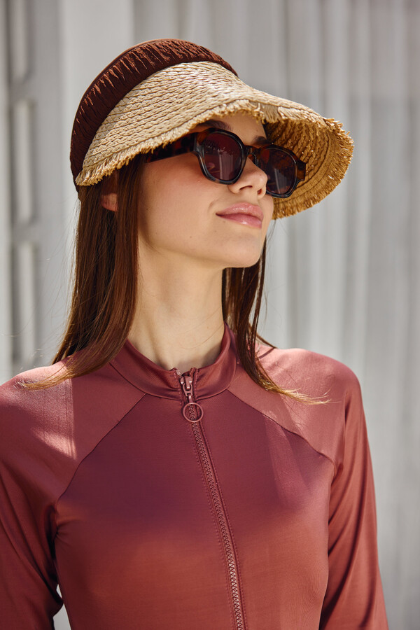 Fringe Detailed Visor Straw Hat Sun Protection Accessory - Thumbnail