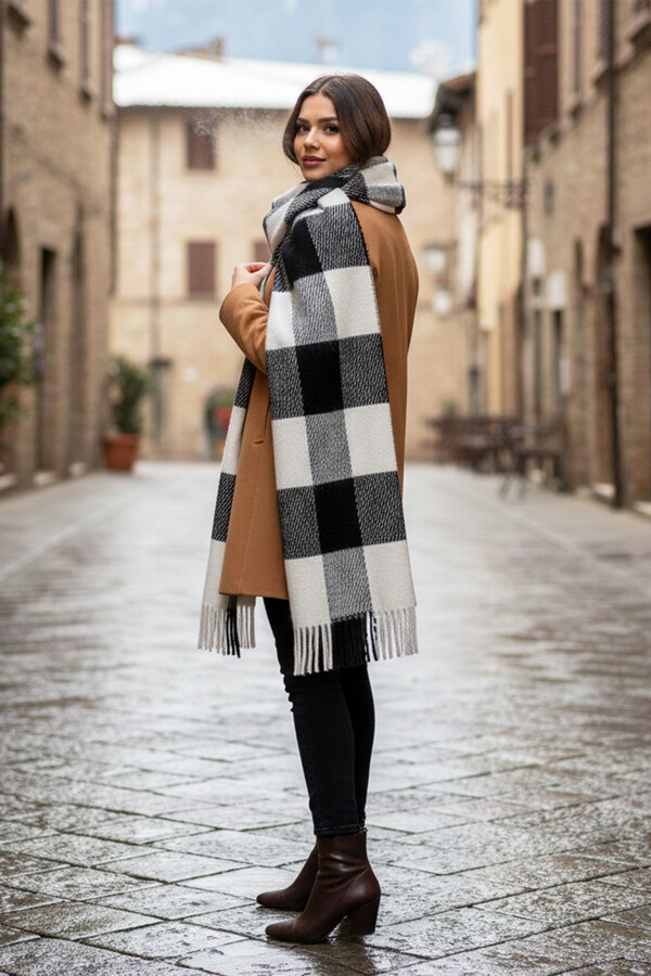 Fringed Boucle Scarf 40X210 cm 1291 Black - Thumbnail