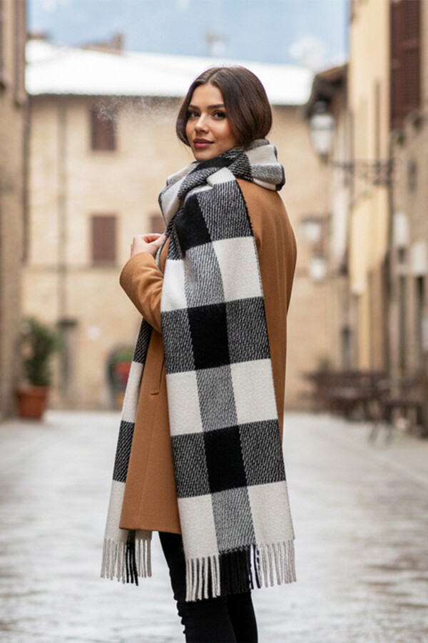 Fringed Boucle Scarf 40X210 cm 1291 Black - Thumbnail