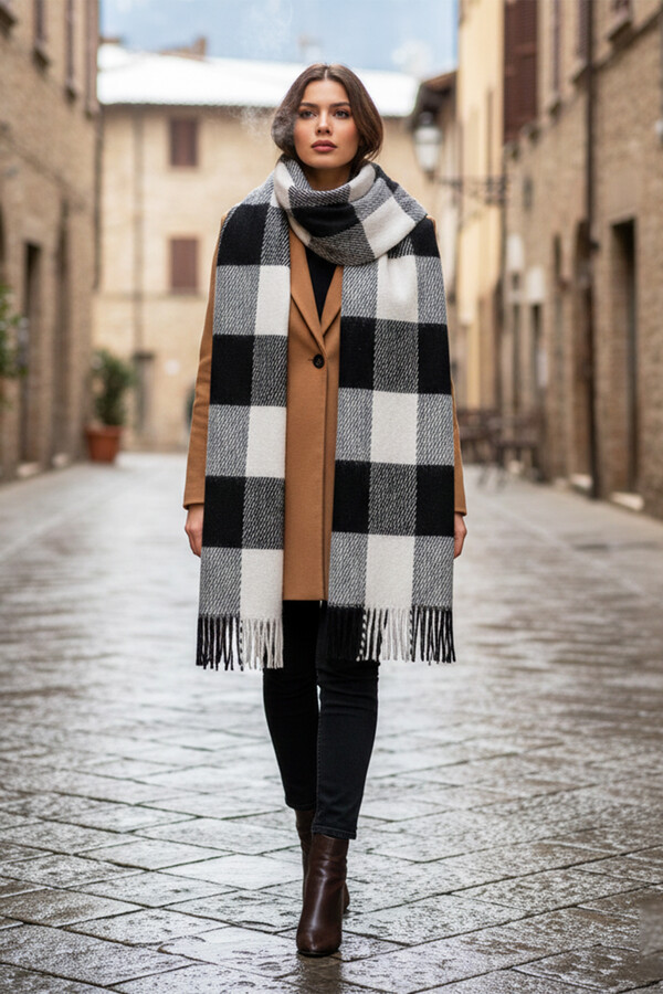 Fringed Boucle Scarf 40X210 cm 1291 Black - Thumbnail