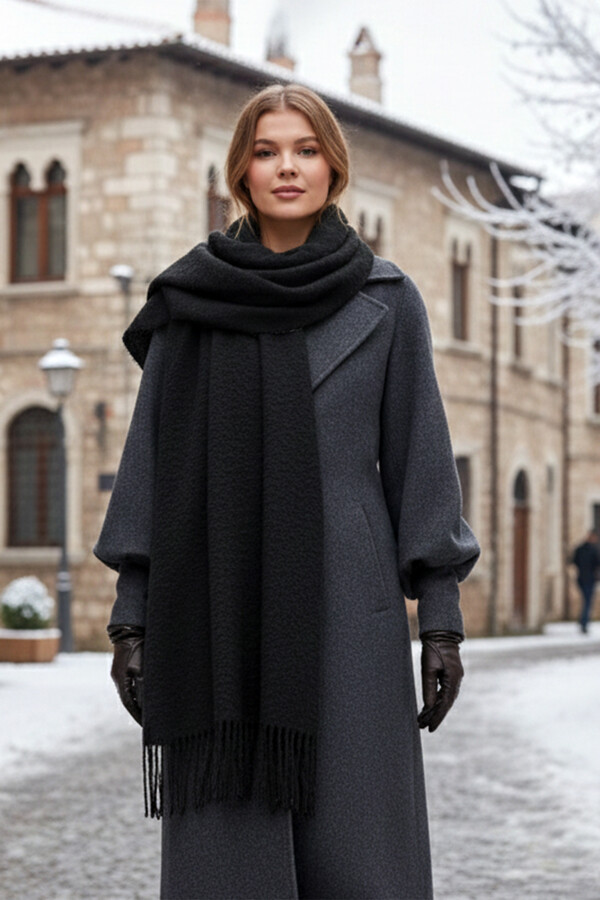 Fringed Bouclé Scarf cm Black - Thumbnail