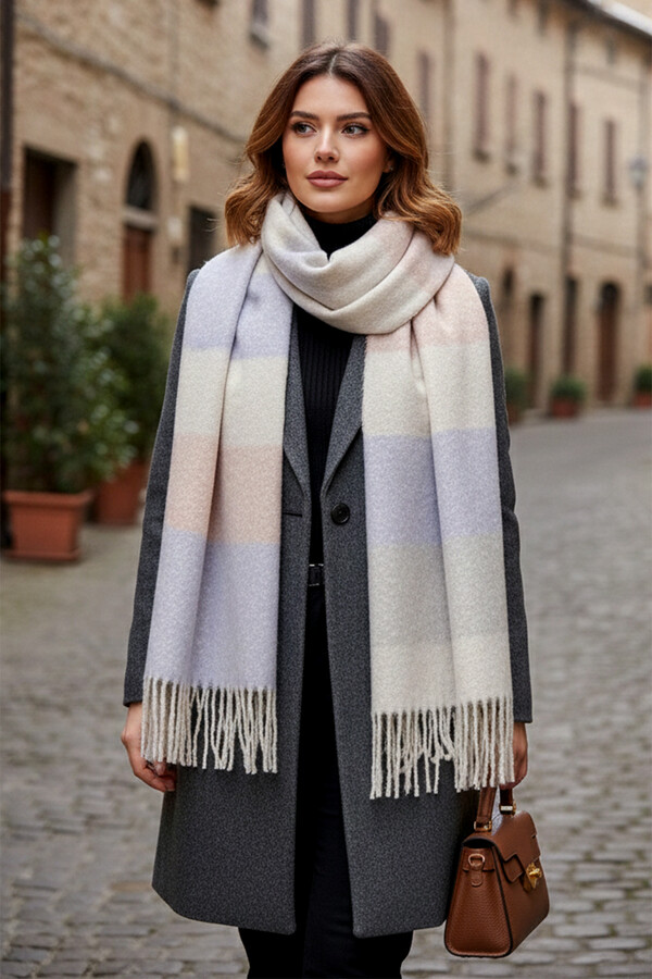 Fringed Bouclé Scarf 48X210 cm 1249 Lilac - Thumbnail