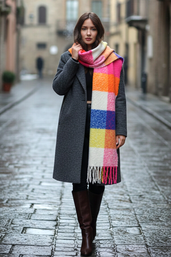 Fringed Boucle Scarf Shawl 40x210 cm 1256 Fuchsia - Thumbnail