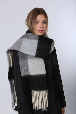 Remsa - Fringed Patterned Bouclé Scarf Shawl 45X200 cm Black 1270 (1)