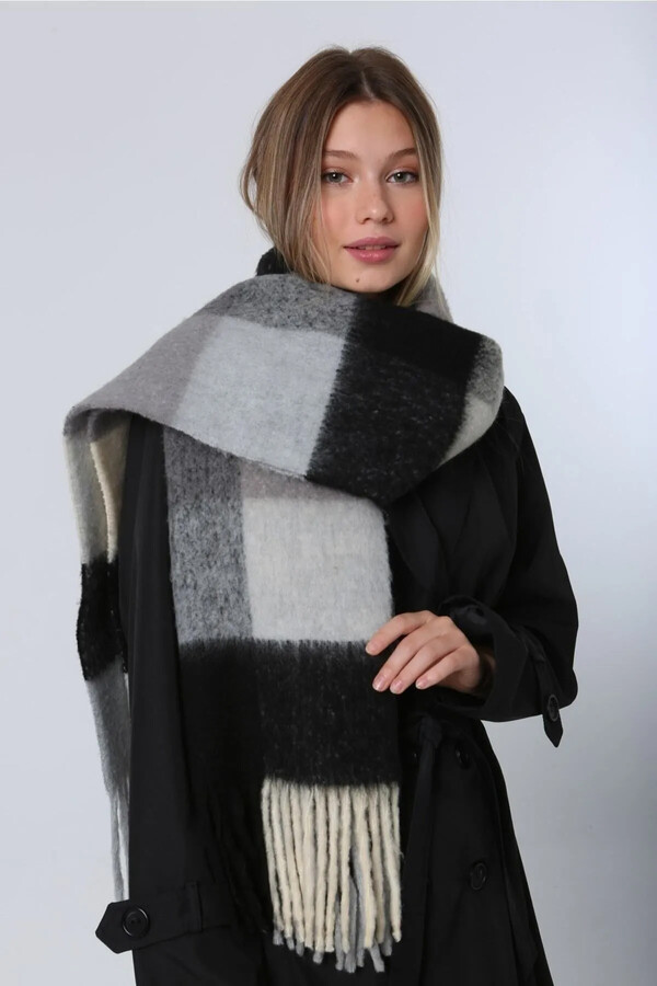 Fringed Patterned Bouclé Scarf Shawl 45X200 cm Black 1270 - Thumbnail