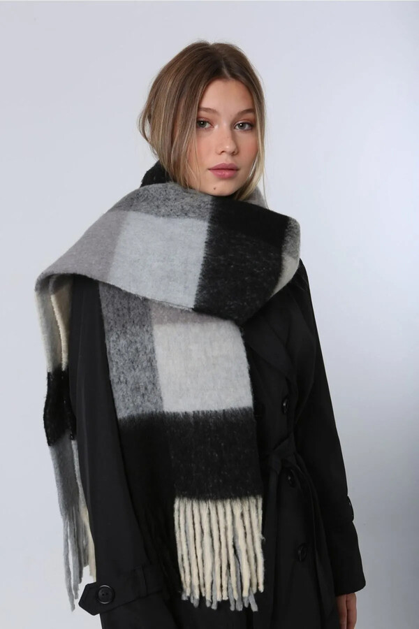 Fringed Patterned Bouclé Scarf Shawl 45X200 cm Black 1270 - Thumbnail