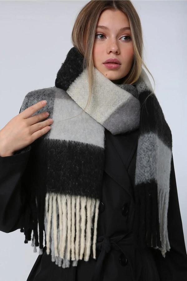 Fringed Patterned Bouclé Scarf Shawl 45X200 cm Black 1270 - Thumbnail
