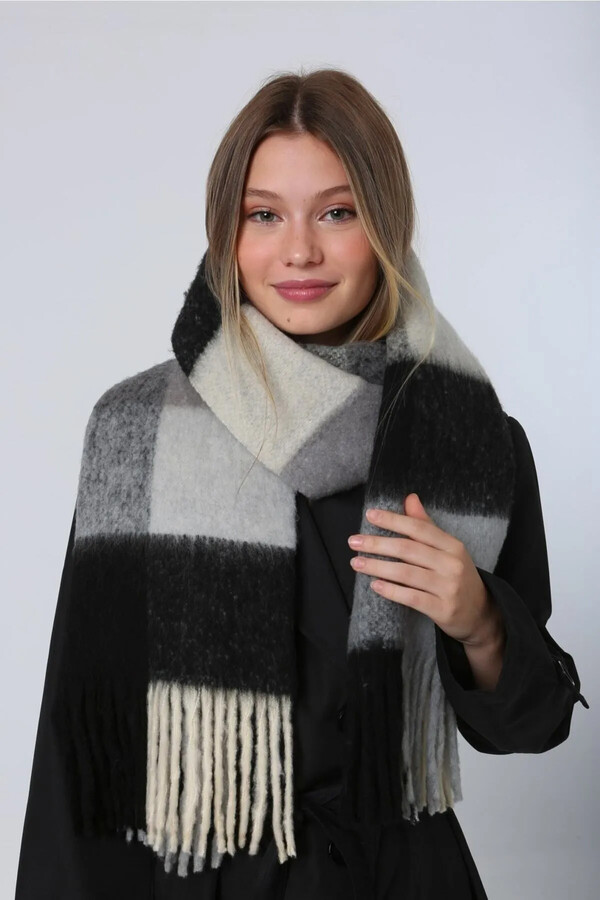 Fringed Patterned Bouclé Scarf Shawl 45X200 cm Black 1270 - Thumbnail