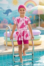 Haliç Mayo - Fuchsia Patterned Swimwear Set with Short-Sleeve Top