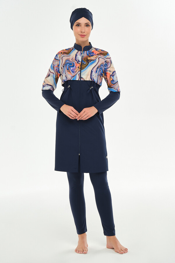 Full Cover Modest Swimsuit Set 2401 in Navy Blue - Thumbnail