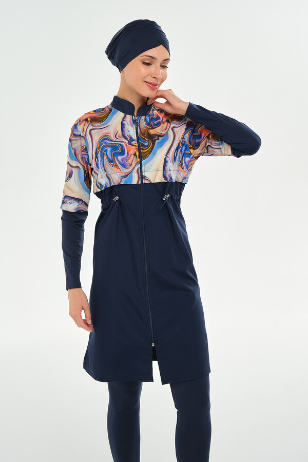 Full Cover Modest Swimsuit Set 2401 in Navy Blue - Thumbnail