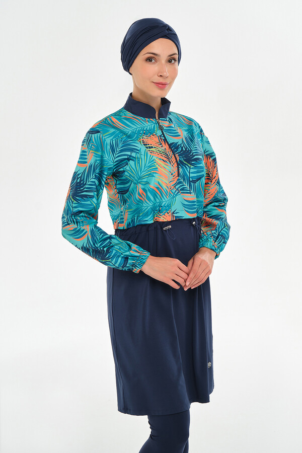 Full Cover Modest Swimsuit Set 2403 in Navy Blue - Thumbnail