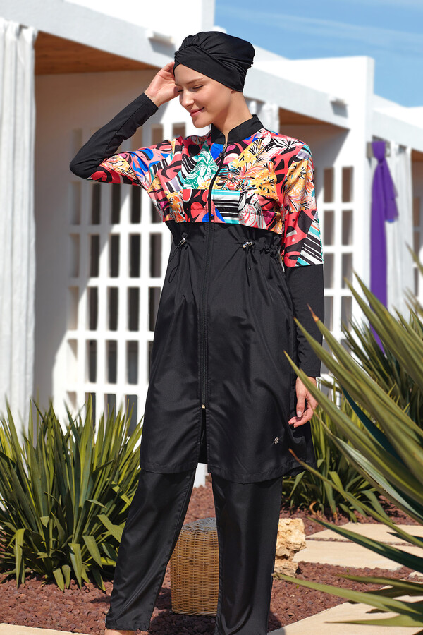 Full Cover Modest Swimsuit Set 2506 in Black - Thumbnail