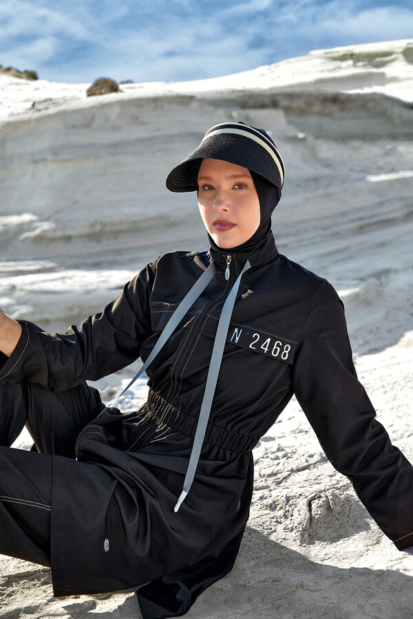 Full Cover Modest Swimsuit Set in Black 1503 - Thumbnail