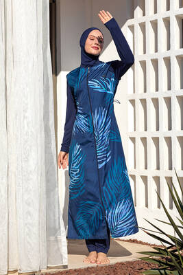 Adasea - Full Cover Modest Swimsuit Set with Long Sleeves and Headscarf in Navy