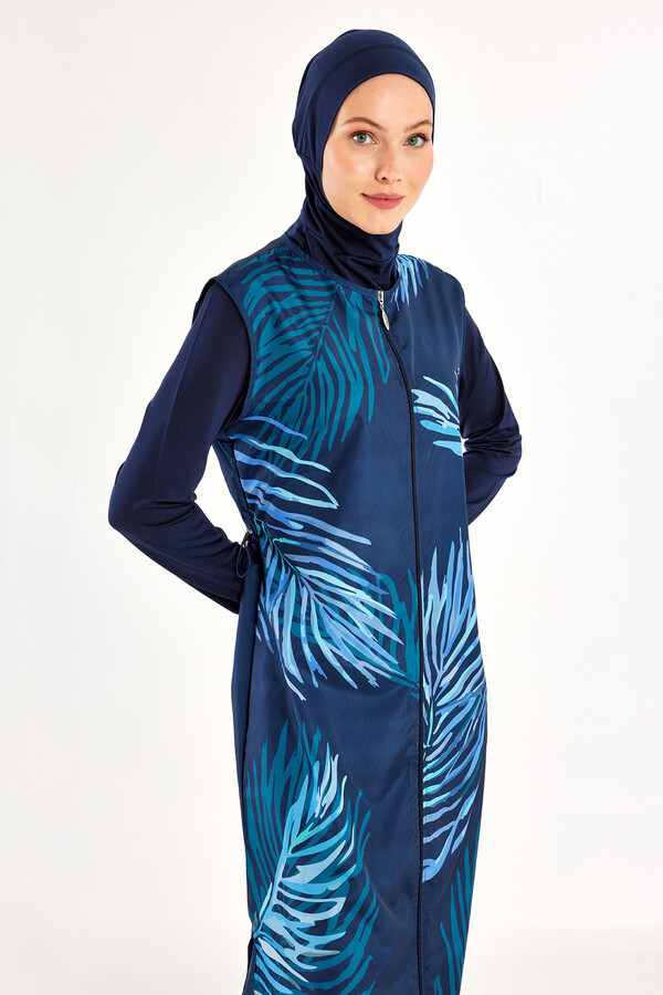 Full Cover Modest Swimsuit Set with Long Sleeves and Headscarf in Navy - Thumbnail