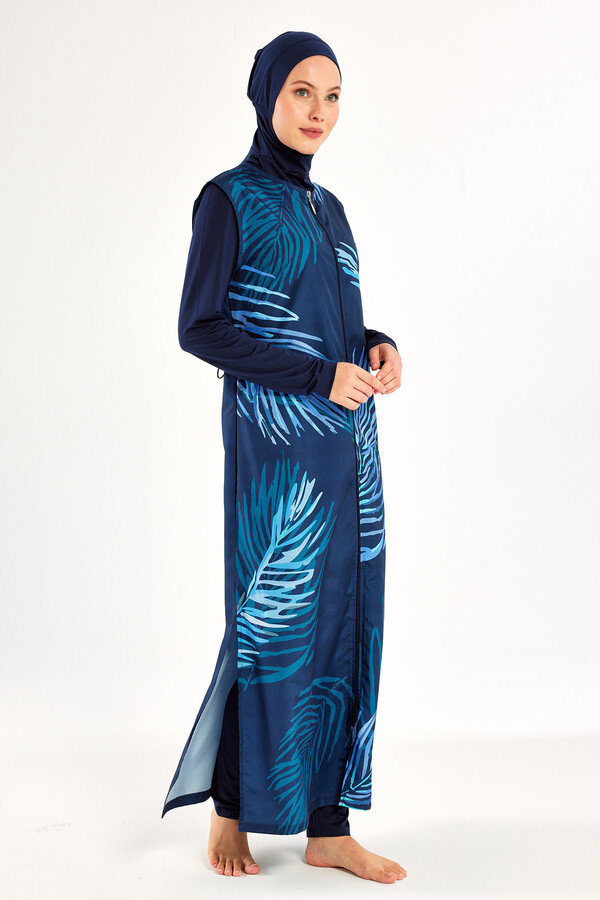 Full Cover Modest Swimsuit Set with Long Sleeves and Headscarf in Navy - Thumbnail