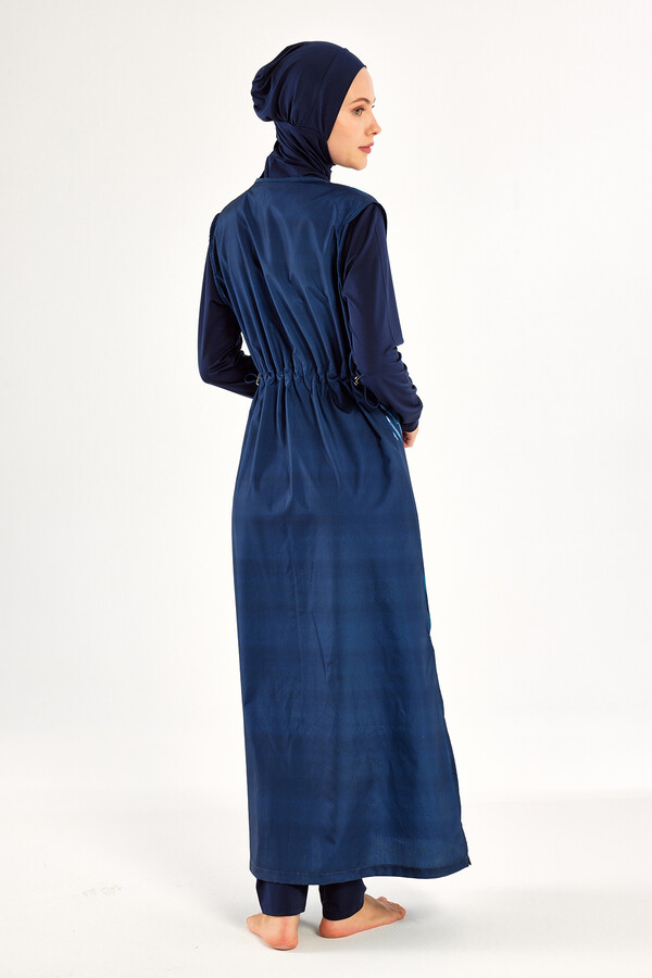 Full Cover Modest Swimsuit Set with Long Sleeves and Headscarf in Navy - Thumbnail