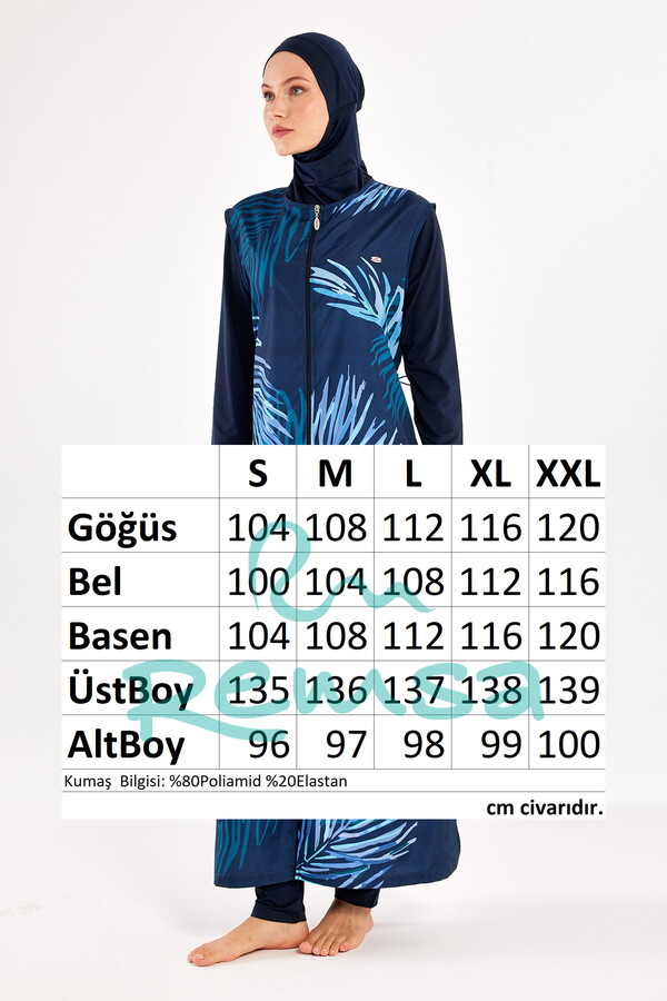 Full Cover Modest Swimsuit Set with Long Sleeves and Headscarf in Navy - Thumbnail