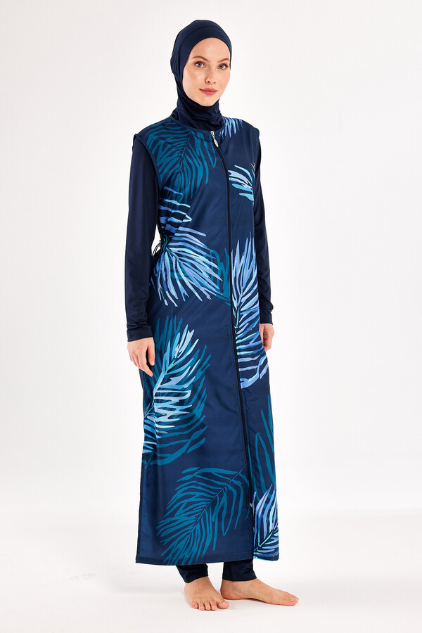 Full Cover Modest Swimsuit Set with Long Sleeves and Headscarf in Navy - Thumbnail