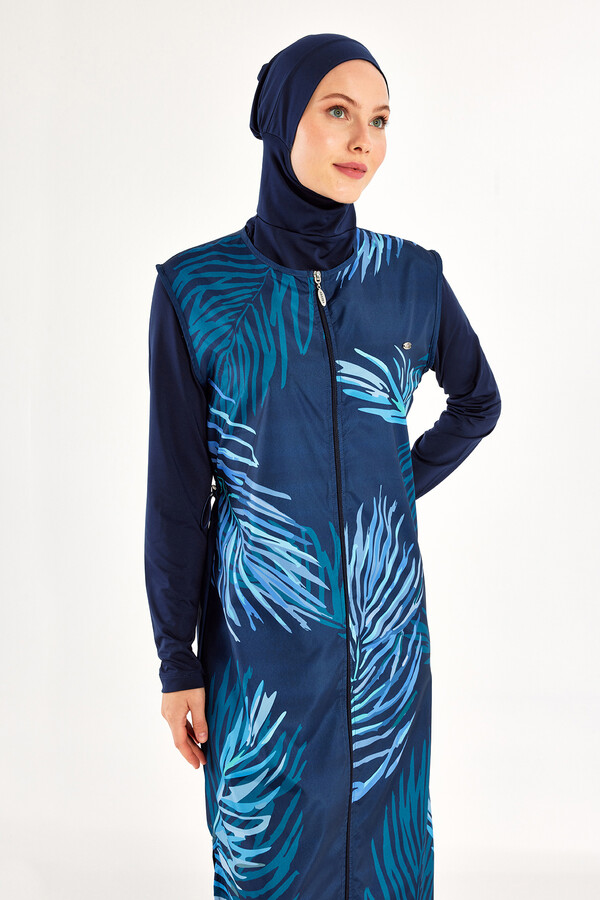 Full Cover Modest Swimsuit Set with Long Sleeves and Headscarf in Navy - Thumbnail