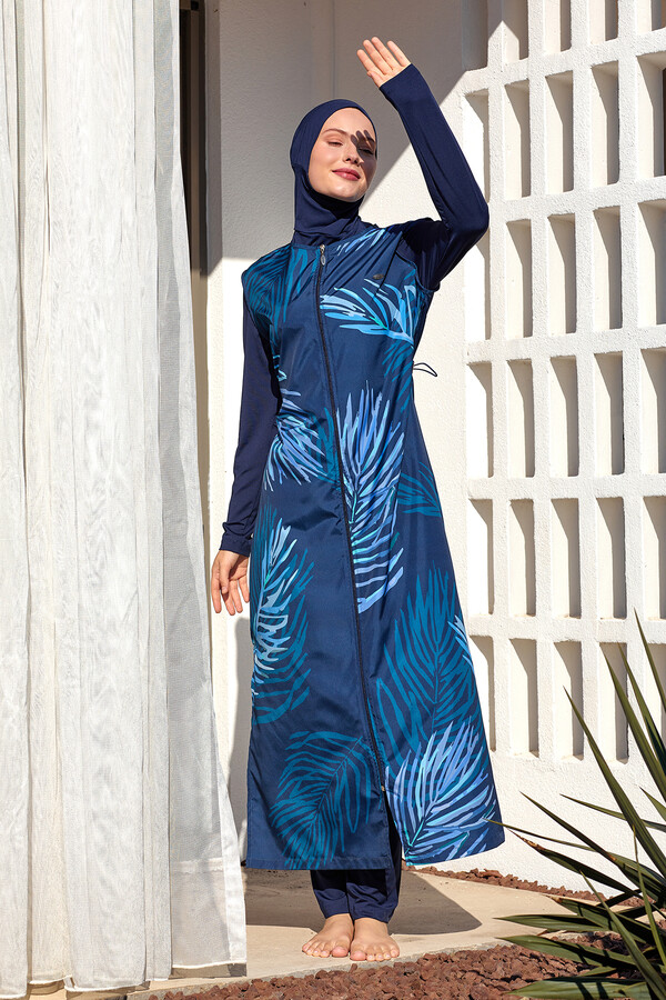 Full Cover Modest Swimsuit Set with Long Sleeves and Headscarf in Navy - Thumbnail