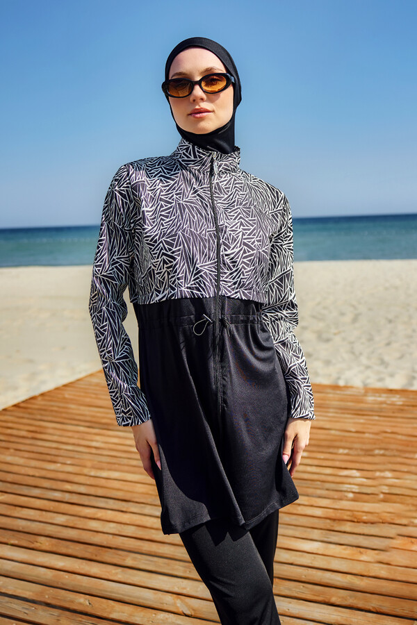 Full-Cover Modest Swimwear Set Black Patterned Remsa Mayo - Thumbnail