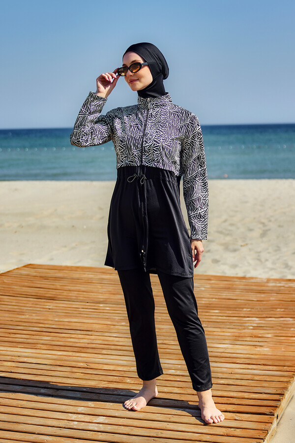 Full-Cover Modest Swimwear Set Black Patterned Remsa Mayo - Thumbnail