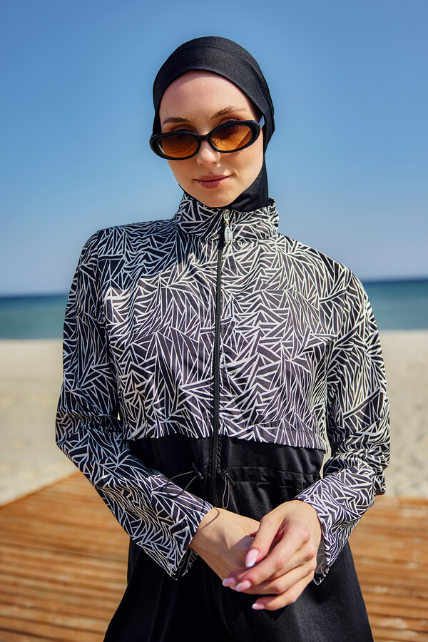 Full-Cover Modest Swimwear Set Black Patterned Remsa Mayo - Thumbnail