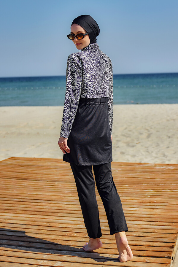 Full-Cover Modest Swimwear Set Black Patterned Remsa Mayo - Thumbnail