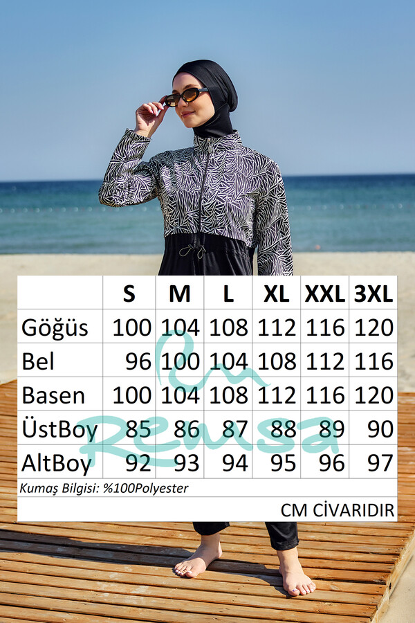 Full-Cover Modest Swimwear Set Black Patterned Remsa Mayo - Thumbnail