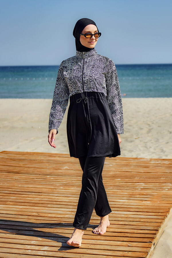 Full-Cover Modest Swimwear Set Black Patterned Remsa Mayo - Thumbnail