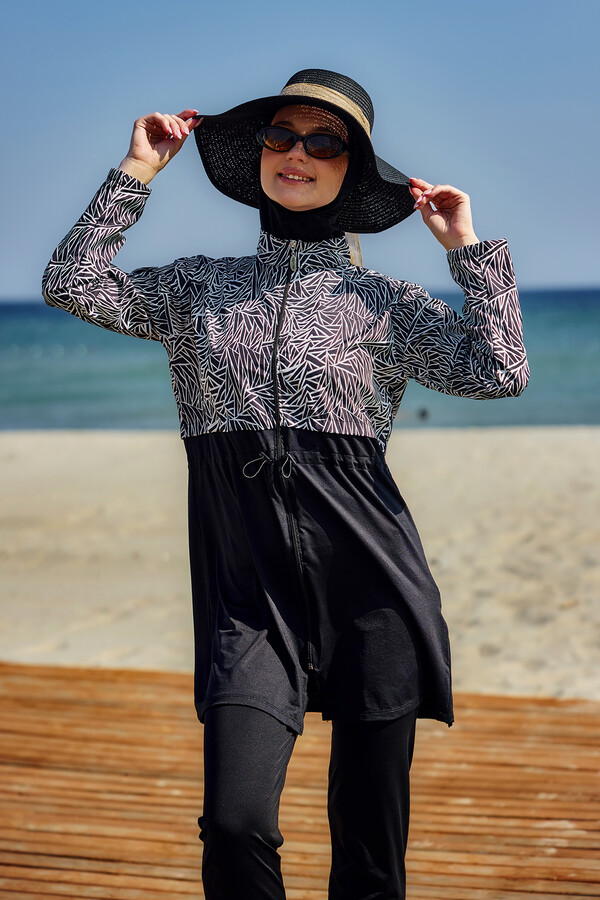 Full-Cover Modest Swimwear Set Black Patterned Remsa Mayo - Thumbnail