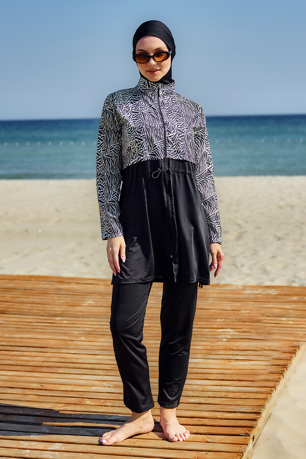 Full-Cover Modest Swimwear Set Black Patterned Remsa Mayo - Thumbnail