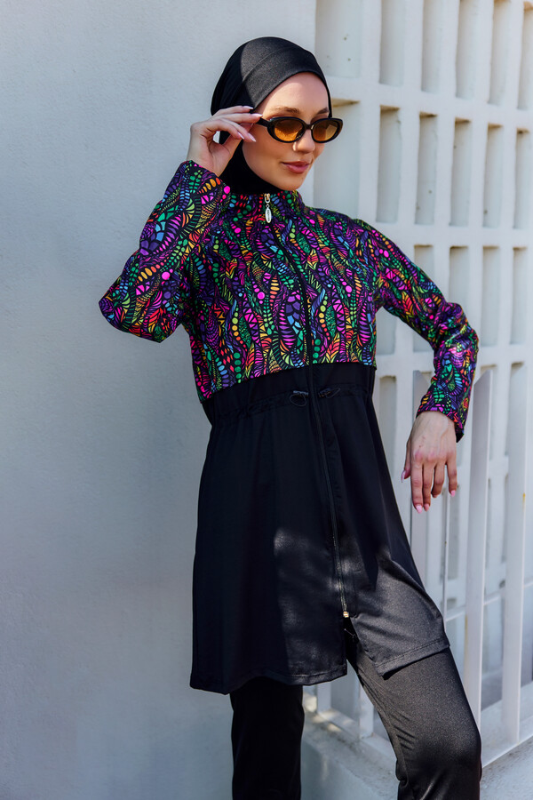 Full-Cover Modest Swimwear Set Black Patterned - Thumbnail