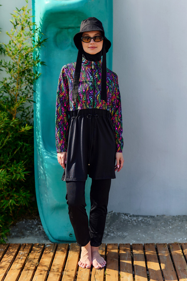 Full-Cover Modest Swimwear Set Black Patterned - Thumbnail