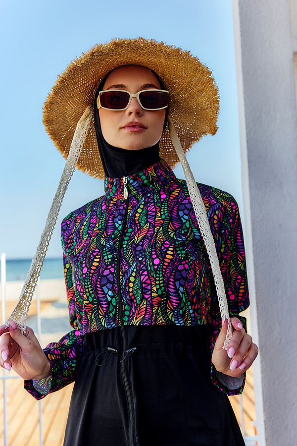 Full-Cover Modest Swimwear Set Black Patterned - Thumbnail