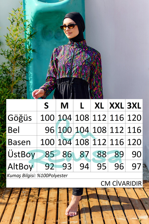 Full-Cover Modest Swimwear Set Black Patterned - Thumbnail