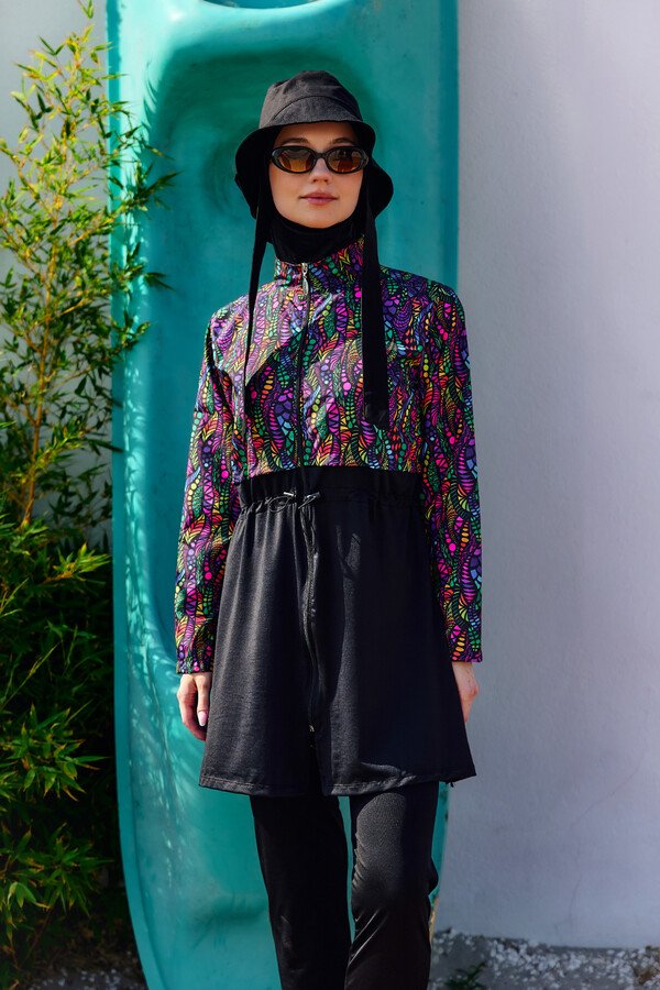 Full-Cover Modest Swimwear Set Black Patterned - Thumbnail