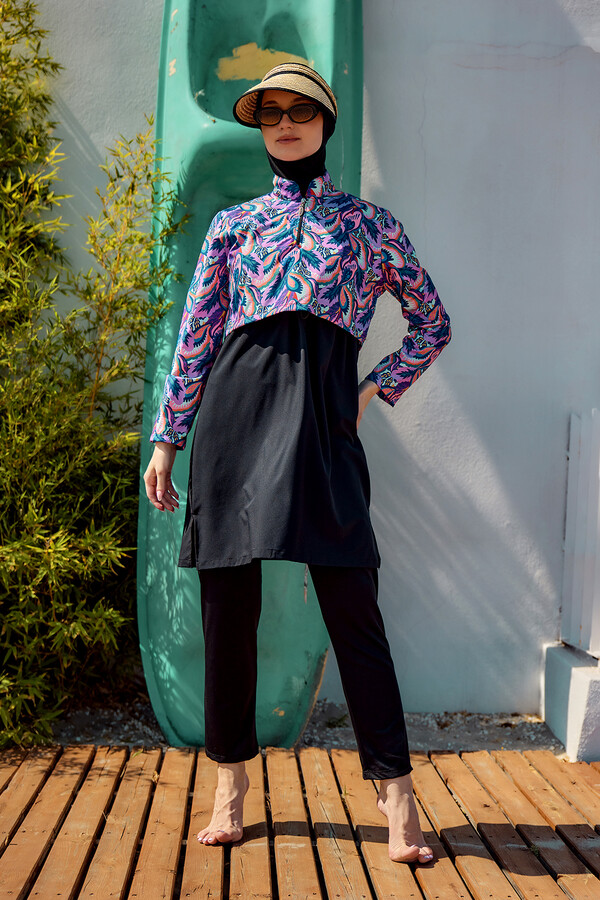 Full-Cover Modest Swimwear Set Black Print Remsa Mayo - Thumbnail