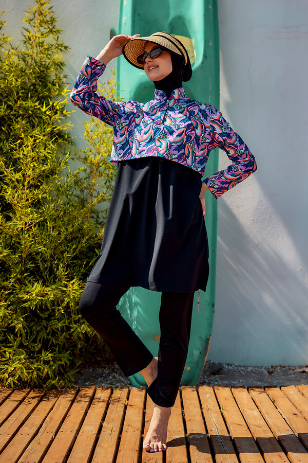 Full-Cover Modest Swimwear Set Black Print Remsa Mayo - Thumbnail